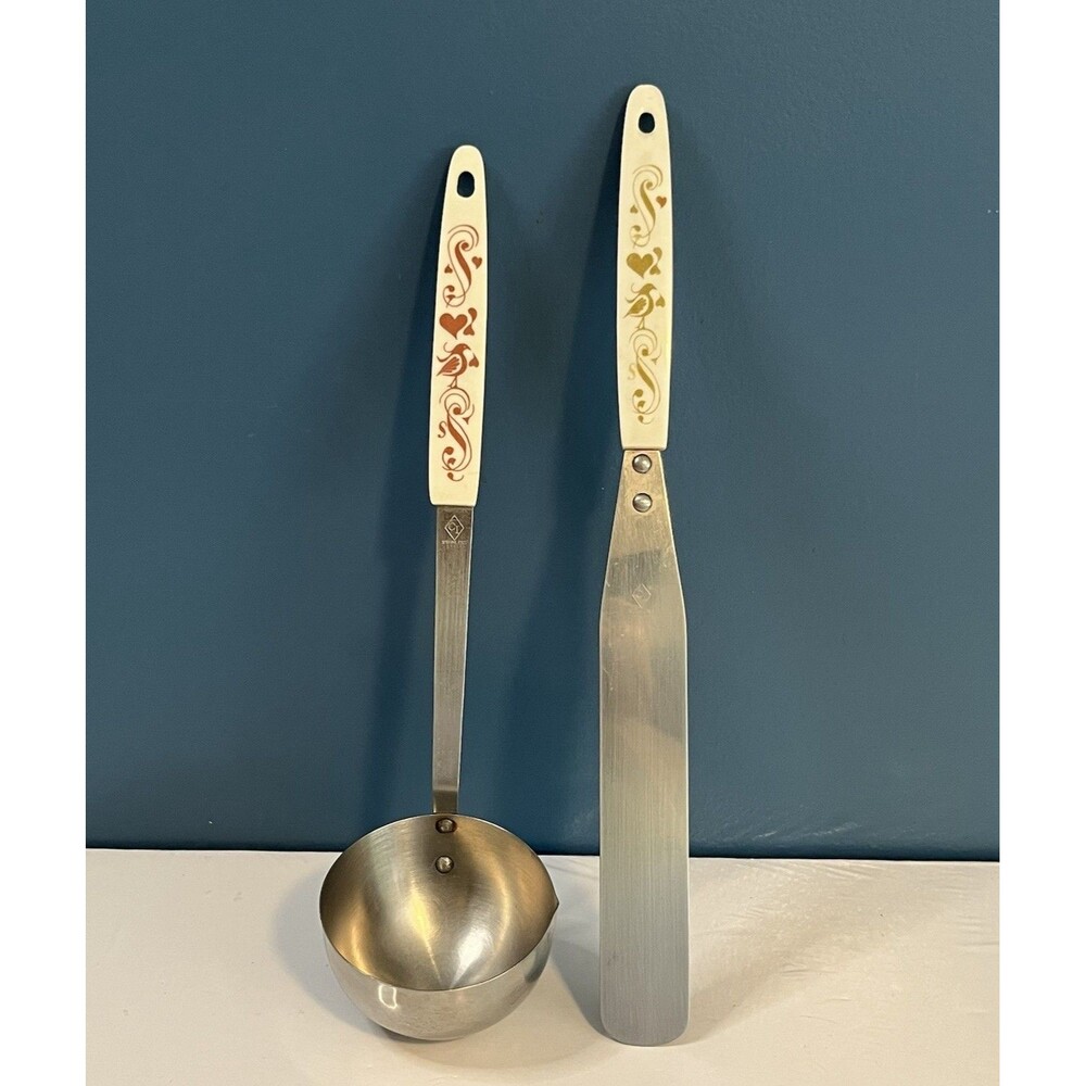 VTG Heart & Bird Kitchen Utensil Set Cottage Core Stainless Steel Ladle+Spatula